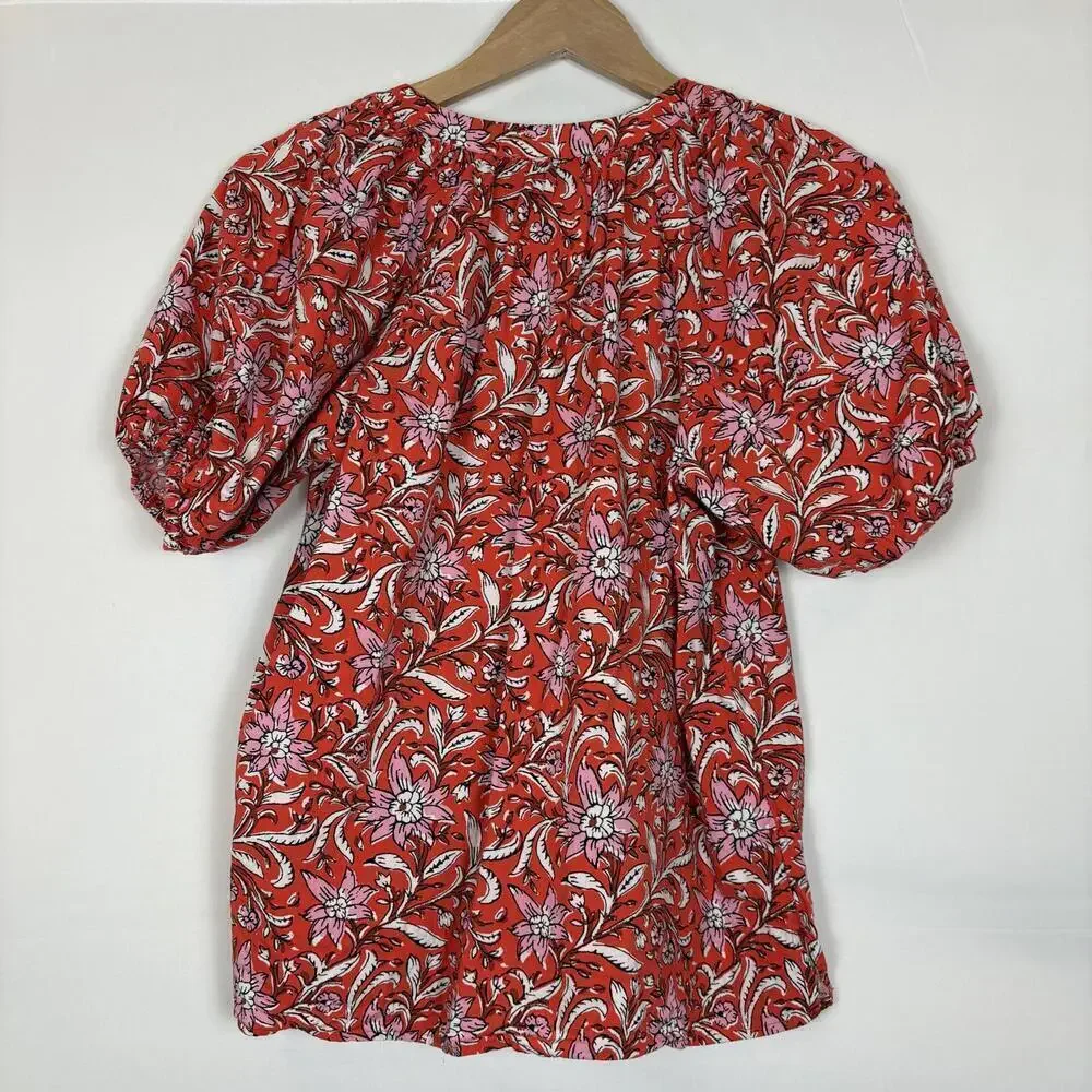 LOFT Size: XS Red Floral Spring Bloom Tie Neck Puff Sleeve Tunic Top